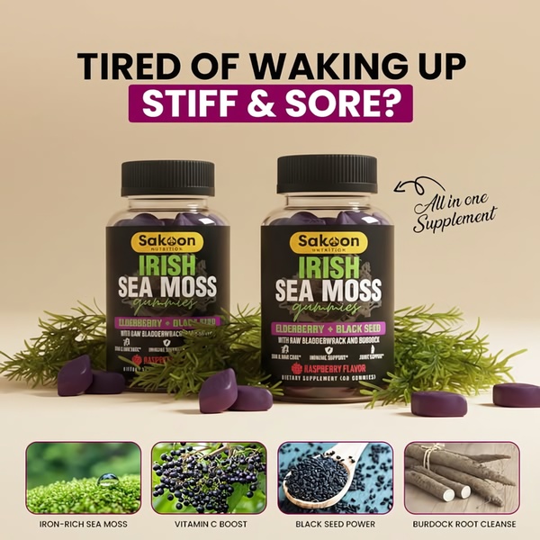 A 1:1 format ad targeting physical discomfort by highlighting key natural ingredients in Irish Sea Moss gummies.